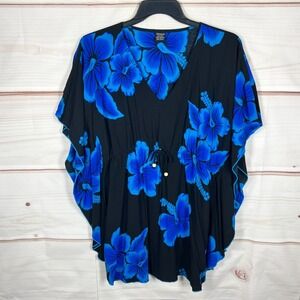 Favant Top Womens One Size Black Floral Hibiscus Poncho Blouse Drawstring Woven